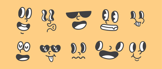 Wall Mural - Set of Unique Cartoon Face Expressions with Different Emotions - Vector Illustration of Funny and Sad Faces with Sunglasses, Googly Eyes, and Various Mouths - Perfect for Emojis, Stickers, etc