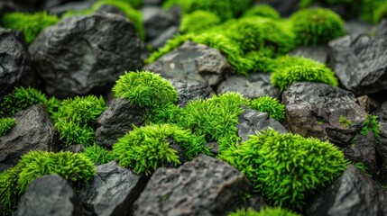 Wall Mural - A close-up shot of a bed of dark gray rocks covered in a vibrant carpet of green moss. The moss is lush and full, growing in clumps and patches across the rocks, creating a beautiful contrast between 