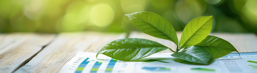 Green leaves on a business report with positive financial charts, sustainable finance, ecofriendly investment, copy space for text,