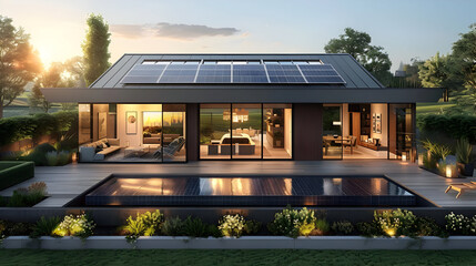 Wall Mural - Modern House with Swimming Pool and Solar Panels 3D Illustration