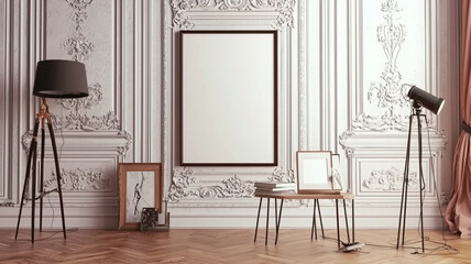 Classic interior with blank picture frame hanging on a white wall