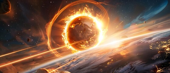 Wall Mural - Fiery Ring Around Earth in Space.