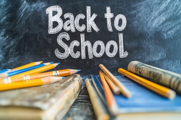 Wall Mural - Classic Back-to-School Scene: Pencils and Old Books with Chalkboard Message