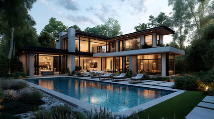 Wall Mural - Modern home with pool and lush landscaping.