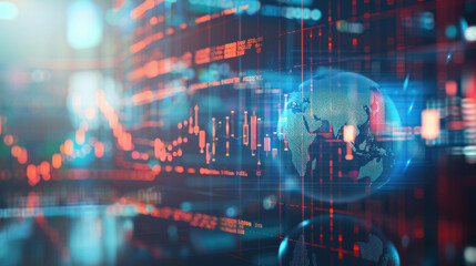 A digital infographic with a globe, graphs, and statistical data representing global financial trends