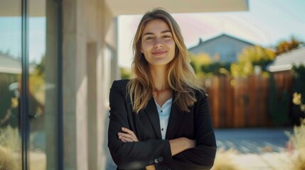 Wall Mural - Woman real estate agent looking at the camera happy and proud to be able to do her job in a simple and fast way thanks to Sooprema., AI Generative