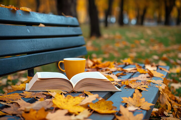 Canvas Print - Cozy Autumn Reading Nook with Book and Hot Tea in Park  