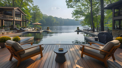 Canvas Print - Lakefront Patio with Infinity Pool and Deck Chairs - Photo