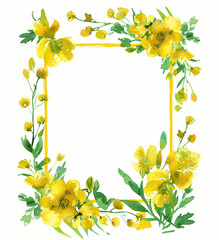 Wall Mural - An elegant floral frame with watercolor flowers in vibrant pink, yellow, blue, and purple adorns the top right and bottom left corners. Delicate leaves and buds accentuate the flowers,