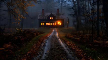 Canvas Print - Forest Cabin in Autumn Landscape - Realistic Image