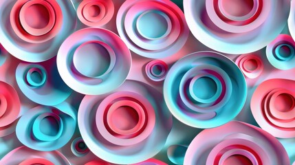 Wall Mural - A close-up shot of an abstract pattern formed by overlapping concentric circles, arranged in a seemingly random pattern. The circles are in shades of pink and blue, with a slight gradient effect. The 