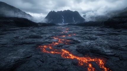 Poster - Dramatic volcanic landscape with fiery lava flow