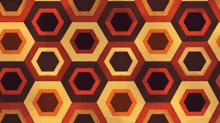 Aufkleber - A close-up shot of a retro wall covered in repeating, multi-colored hexagons. The pattern features shades of red, orange, yellow, brown, and black. The hexagons are layered on top of each other, creat