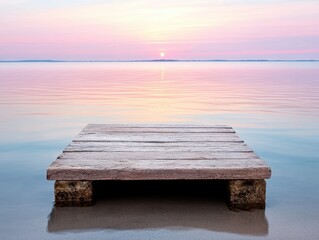 Wall Mural - Serene sunset over a tranquil lake with a wooden dock