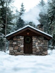 Poster - cozy winter cabin in snowy forest