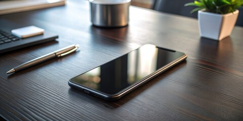 close up of smartphone on dark office table