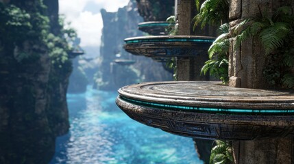 Poster - Futuristic floating platforms in lush tropical jungle