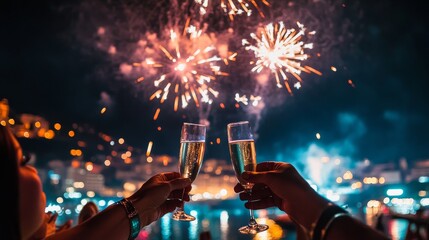 Wall Mural - Fireworks light up the night sky as joyous revelers toast with glasses of champagne in a festive New Year's Eve celebration