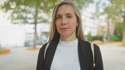 a young blonde woman in casual business attire poses against a nature-filled urban park backdrop.