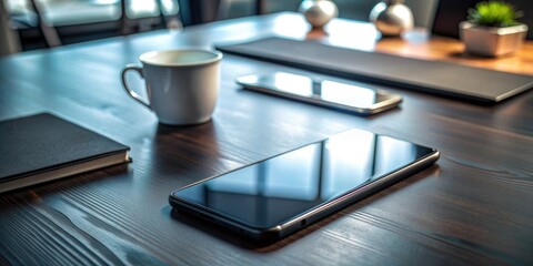 close up of smartphone on dark office table