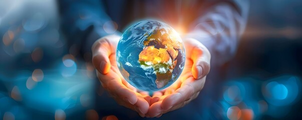 Poster - Hands Holding Earth Globe with Bokeh Background.