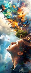 Canvas Print - Woman with Butterflies and Birds Surrounding Her.