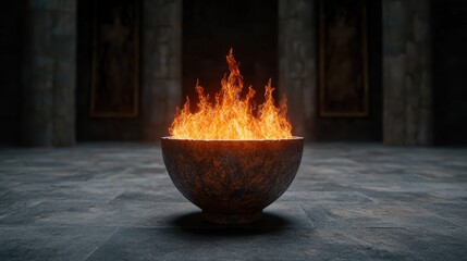 Canvas Print - Fiery flames burning in a rustic metal bowl