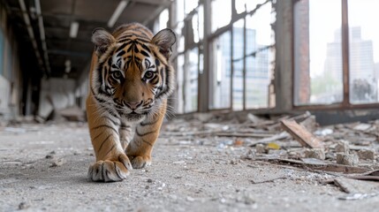 Canvas Print - Tiger prowling through abandoned building