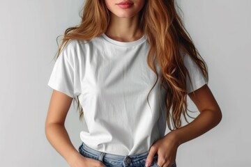 Wall Mural - A young woman in a white t shirt on a white background.