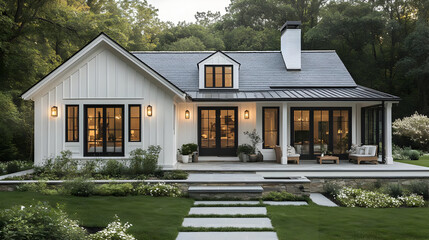 Wall Mural - Modern farmhouse with black windows and a stone patio.