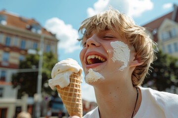 Wall Mural - A kid enjoys a cool ice cream on a sunny day.  Spontaneous laughter of blonde teen enjoying carefree lifestyle. Modern take youthful charisma and genuine outdoor happiness.