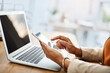 © Chanelle2000/peopleimages.com - Hands, laptop and phone with business employee at desk of office for email, feedback or report. Computer, mobile and research with corporate person in professional workplace for communication