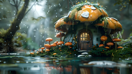 Canvas Print - Mushroom House in a Rainy Forest 3D Illustration