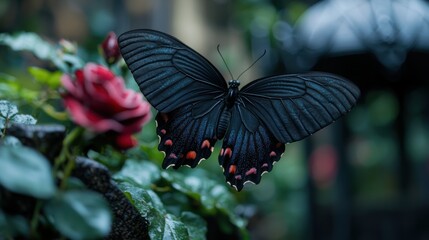 Wall Mural - Vibrant black butterfly on a red rose