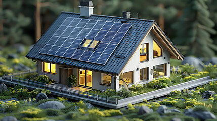 Canvas Print - Modern Home with Solar Panels 3D Illustration