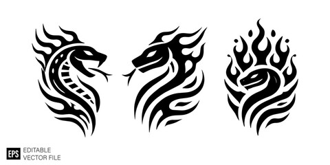 Set of snake head tribal tattoo graphic design vector templates