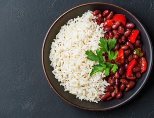 Wall Mural - Healthy rice and bean dish on dark background