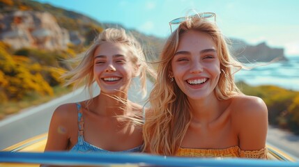  Two lovely young women sit atop a yellow car, facing each other, near a tranquil body of water