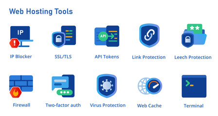 Web hosting tools icon set service from SSL IP blocker firewall API tokens web cache two factor authentication security tools blue element design