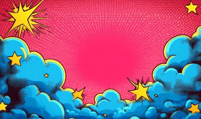 Wall Mural - comic pop art style background with blue clouds and yellow stars, red color tone with pink background