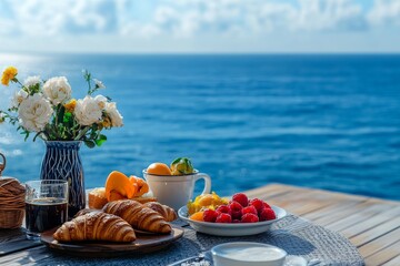 A beautifully arranged breakfast featuring croissants, fresh fruit, and flowers, set on a deck with stunning ocean views during early morning light