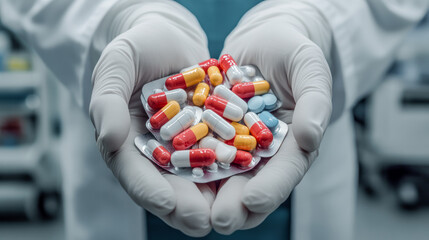 pharmaceutical industry hand holding colorful capsules in a pharmacy setting. this image captures th