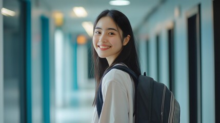 Wall Mural - Cheerful young female student Asian teenager with backpack, schoolgirl joyfully smiling, Japanese or Chinese female academic person standing in hallway or corridor of collage university or high school