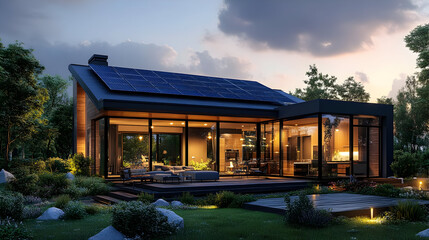 Poster - Modern home with solar panels and patio at dusk.