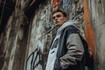 Poster - A model showcases stylish streetwear in an industrial setting, posing confidently against a graffiti-covered wall while wearing a blend of casual pieces