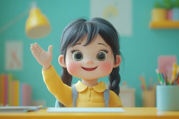 Schoolgirl sitting at a school desk with his hand up in the air, funny facial expressions.. cartoon character 3d style, tiny cute style