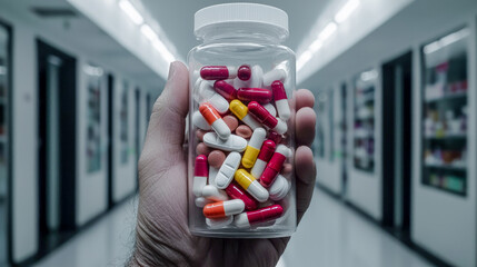 pharmaceutical industry hand holding colorful capsules in a pharmacy setting. this image captures th