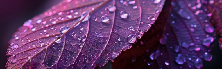 Aufkleber - A close-up view of a vibrant purple leaf covered in glistening raindrops. The raindrops reflect the surrounding light, creating a mesmerizing interplay of light and shadow.