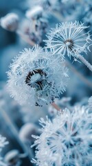 Poster - A close-up view of a cluster of dandelions, each covered in a thick layer of frost, creating intricate, crystalline patterns. The soft, blue light of winter illuminates the delicate beauty of the froz