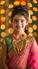 Wall Mural - attractive indian luxury beautiful cute little girl wearing ghaghra, light Bokeh background, happy expression on her face